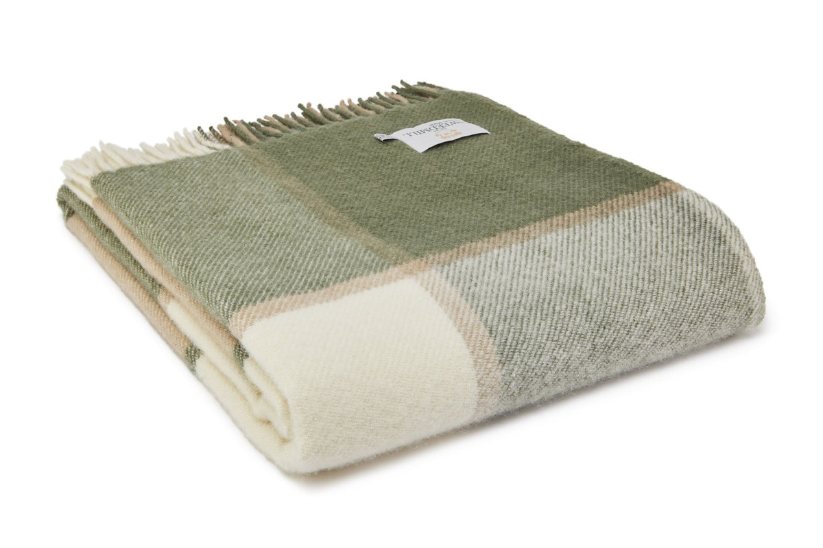 Plaid en laine vierge Block check Olive Tweedmill