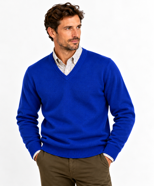 Pull en lambswool col V Homme - Dk cobalt - William Lockie