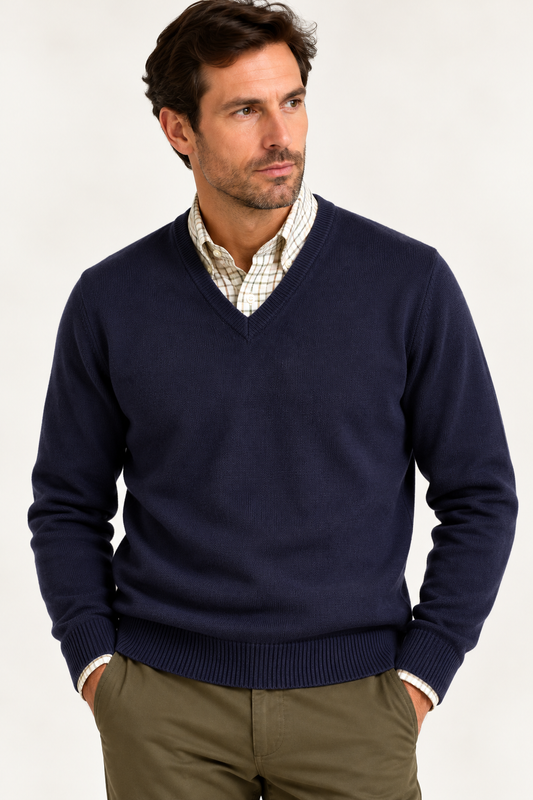 Pull en lambswool col V Homme - Navy - William Lockie