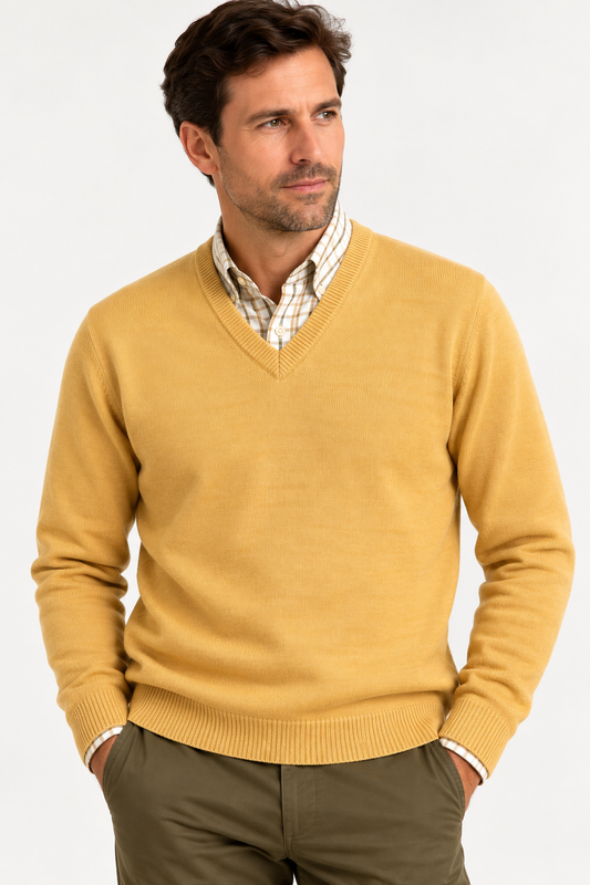 Pull en lambswool col V Homme - Harvest Gold - William Lockie