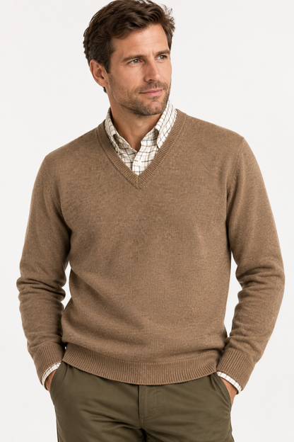 Pull en lambswool col V Homme - Tobacco - William Lockie