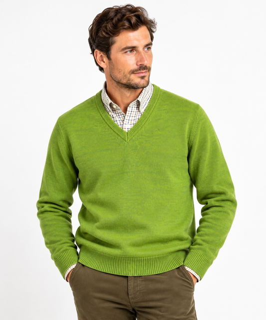 Pull en lambswool col V Homme - Moss - William Lockie