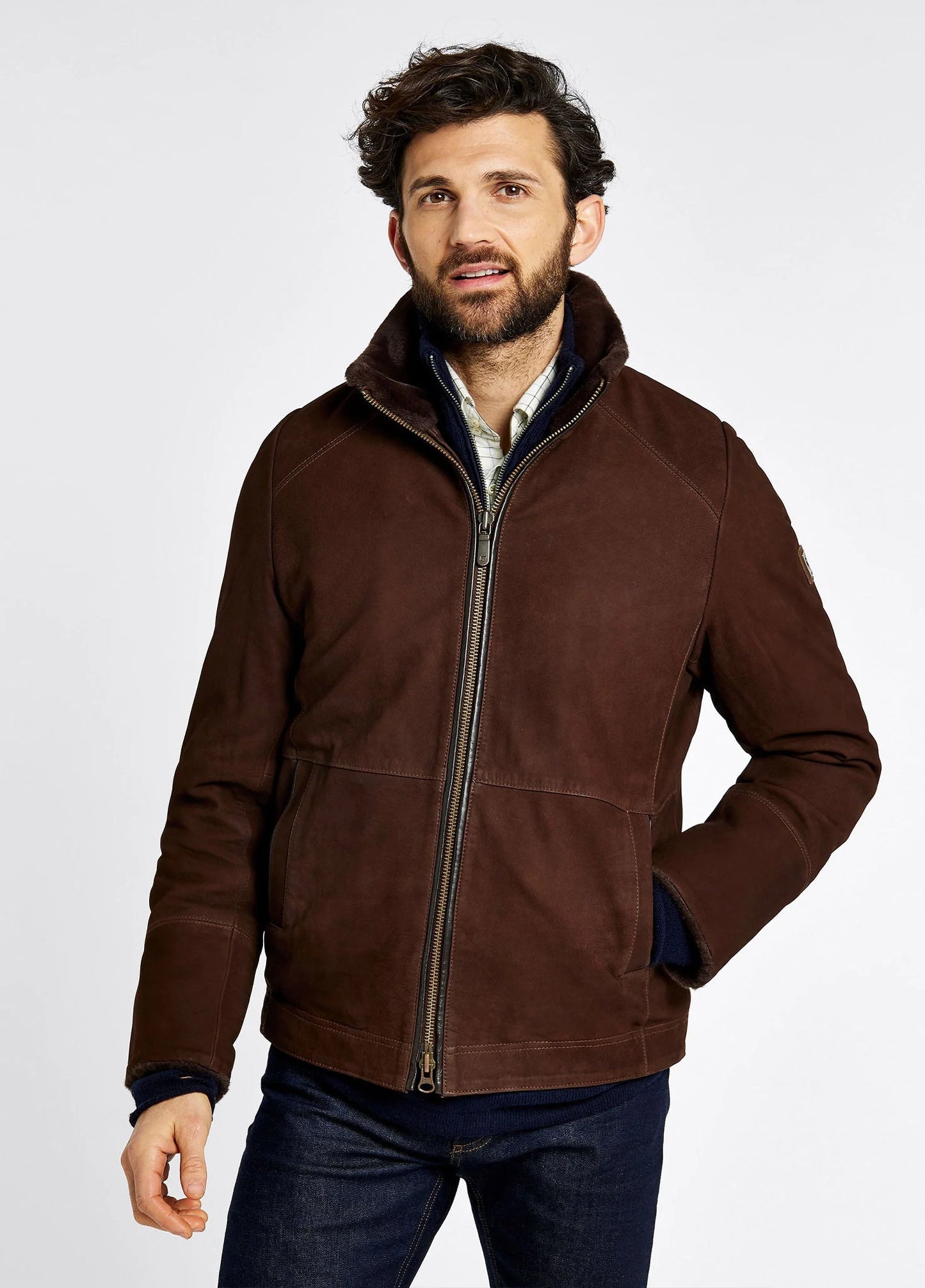 Veste en cuir doublée sherpa Merriman walnut