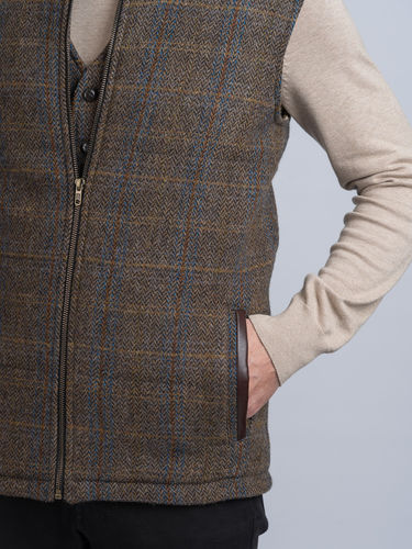 Gilet bodywarmer tweed horse brown et insert cuir.
