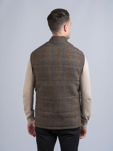 Gilet bodywarmer tweed horse brown et insert cuir.