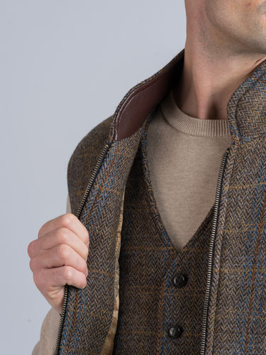 Gilet bodywarmer tweed horse brown et insert cuir.
