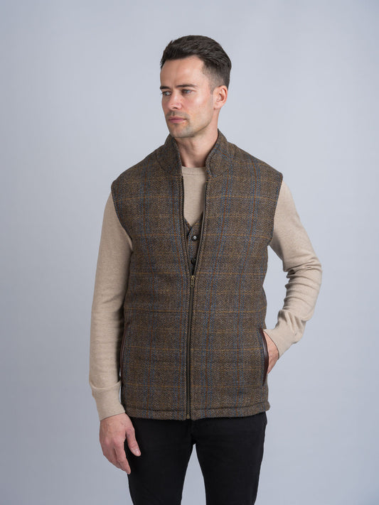 Gilet bodywarmer tweed horse brown et insert cuir.
